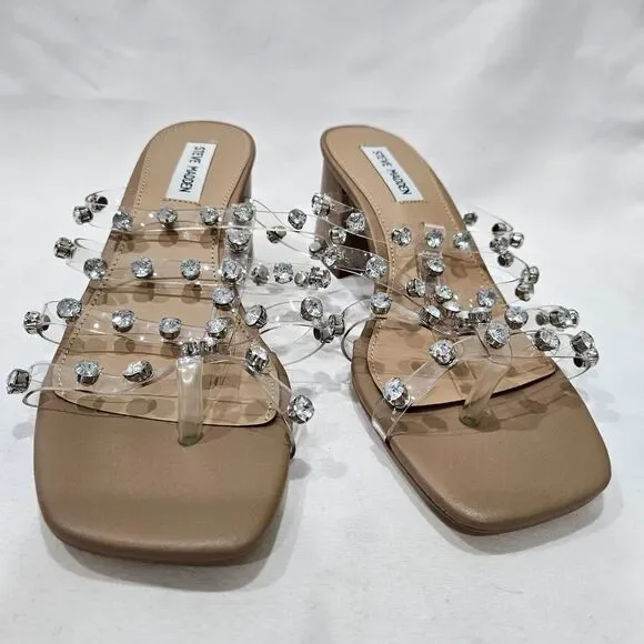 Steve Madden Intricate Clear Rhinestone Block Heel Slide Sandals 8 Dressy Party - Picture 3 of 11